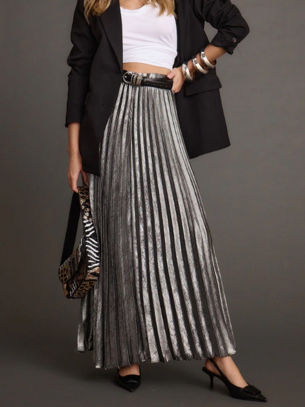 12th Tribe Electric Love Gunmetal Metallic Pleated Maxi Skirt XL